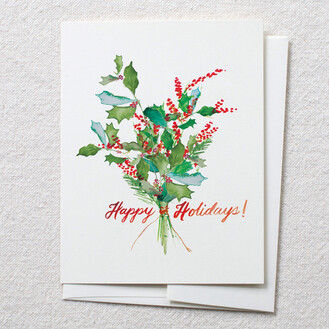 Emily Post Greeting Card by Isa Salazar in watercolor with Holly and Happy Holidays! written in red water colour cursive handwriting. This card is available in our online store.